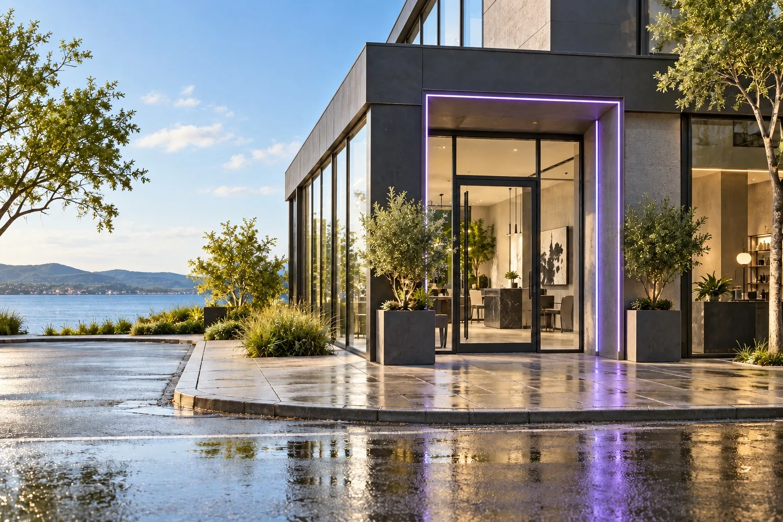 An architectural entrance framed by neon light