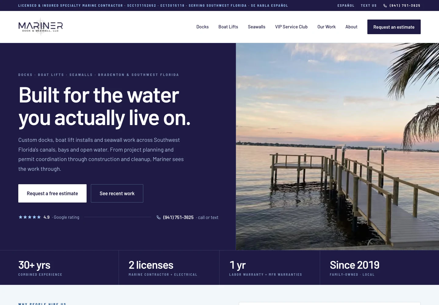 Mariner Dock & Seawall website designed and built by Neon Studios